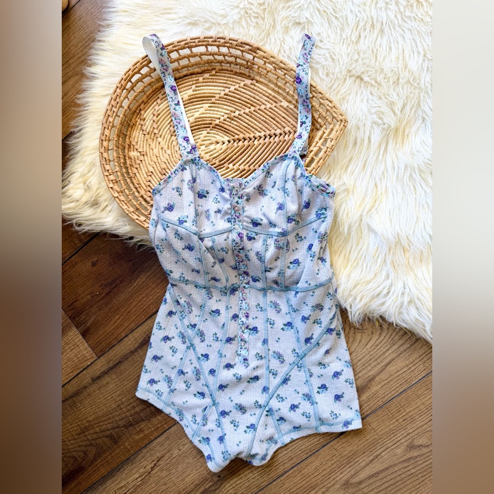 For Love & Lemons Purple Printed Pointelle Romper Size Small - Picture 3 of 7